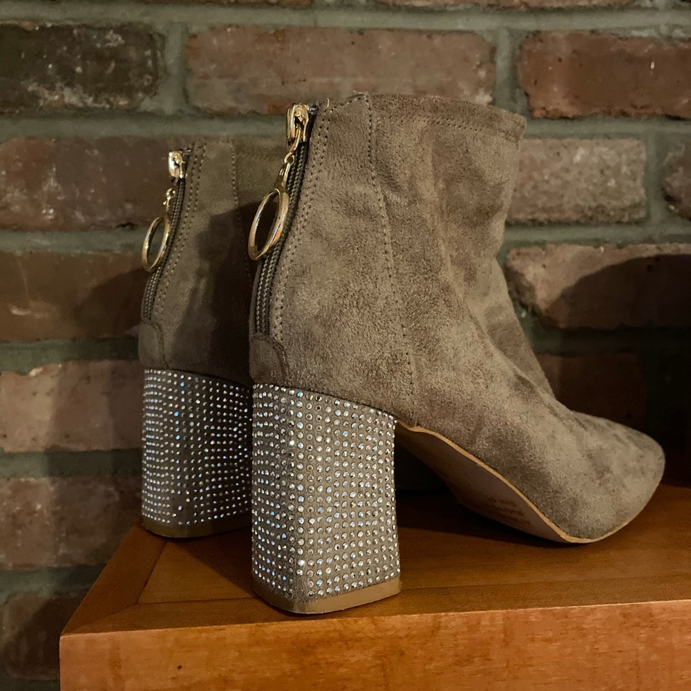 Faux suede boots with rhinestone block heels